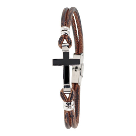 PULSERA DE ACERO Y PIEL CRUZ MARRON