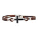 PULSERA DE ACERO Y PIEL CRUZ MARRON