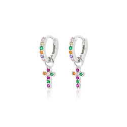 aros de plata multicolor con colgante de cruz